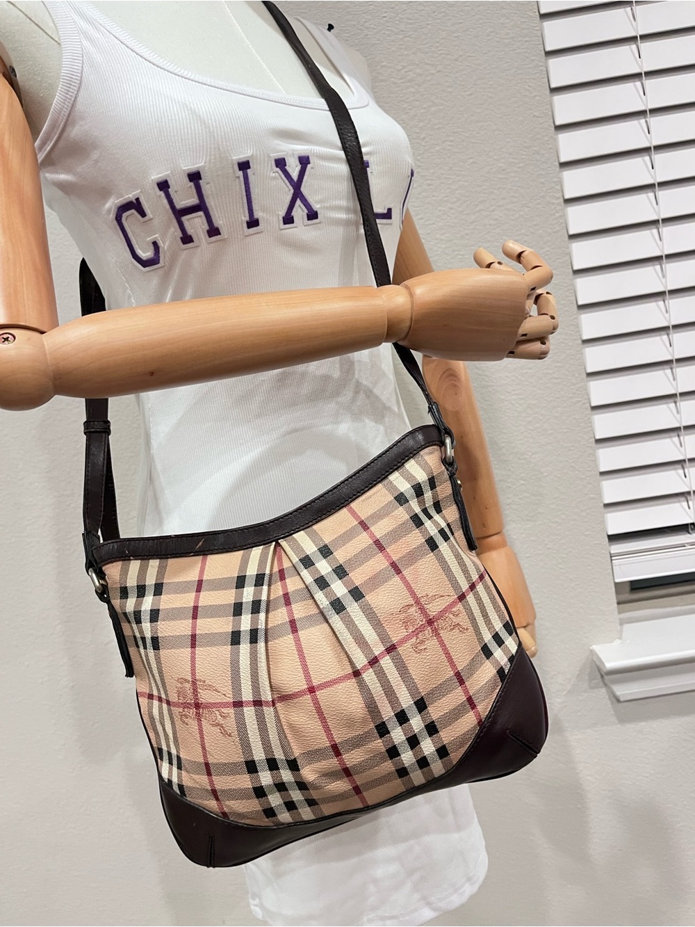 BURBERRY HAYMARKET CHECK HARTHAM CROSSBODY BAG.